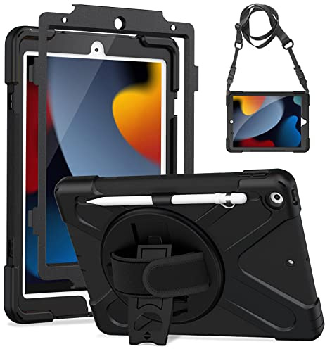 Gerutek Hülle für iPad 9./8./7. Generation 10,2 mit Displayschutz, Schwarz | Stoßfeste Hülle mit 360° Drehbar Stände/Handschlaufe, Schultergurt Stifthalter, Rundumschutz Case für Arbeit/Outdoor/Drinnen