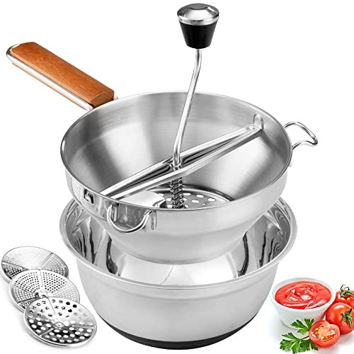 Food Mill and Bowl - 3 food grinder Discs & Mixing Bowl - Potato ricer for mashed potatoes - Grain mill hand crank for Mashing, Straining & Grating Fruits & Vegetables - Baby food mill - Bezrat