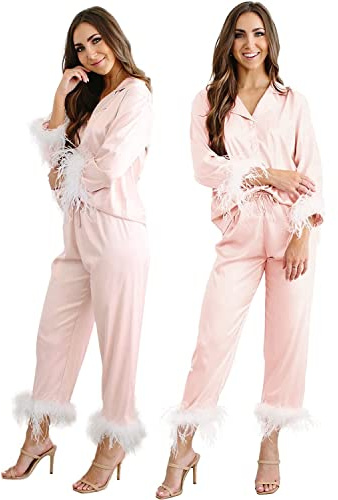 Pijama de plumas para mujer, conjunto de pijama de satén de seda largo para mujer, conjunto de pijama de 2 piezas, para dama de honor, novia, con botones, ropa de dormir para boda, Rubor, M