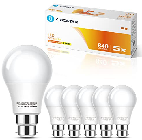 Aigostar Bayonet Light Bulb 62W, B22 LED Bulbs Warm White 3000K, 9W BC GLS Energy Saving Light Bulbs Bayonet, 840lm LED Bayonet Light, 5 Pack