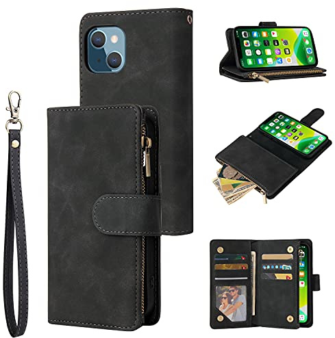 UEEBAI Wallet Case for iPhone 14 Case 6.1, Premium Vintage PU Leather Magnetic Handbag Zipper Pocket Case Kickstand Card Slots with Wrist Strap TPU Shockproof Flip Cover - Black