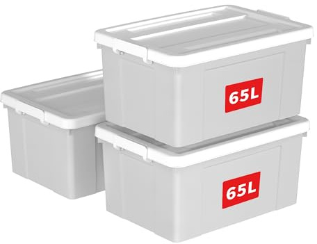Cetomo 65L*3 Caja de Almacenamiento con Ruedas, Caja de Plástico con Tapa y Cierre Seguro, Contenedor de Almacenamiento Grande, Duradera, Apilable, Resistentes, Gris, Paquete de 3 de 65L