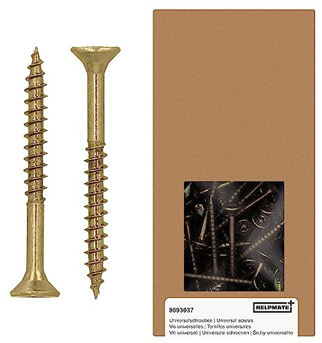 HELPMATE – Vis universelles tête fraisée – 5x50 mm – passivées jaune – 250 vis à bois avec entraînement en T et filetage partiel – Boulons pour panneaux de particules pour l'intérieur
