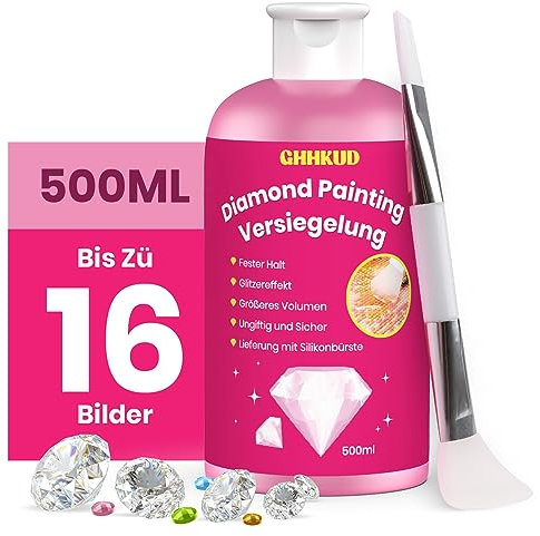 GHHKUD Diamond Painting Versiegelung 500ml mit Silikonbürsten - Zubehör für Strahlend Glitzernde Bilder & Festen Halt der Steinchen - Transparentes Kleber
