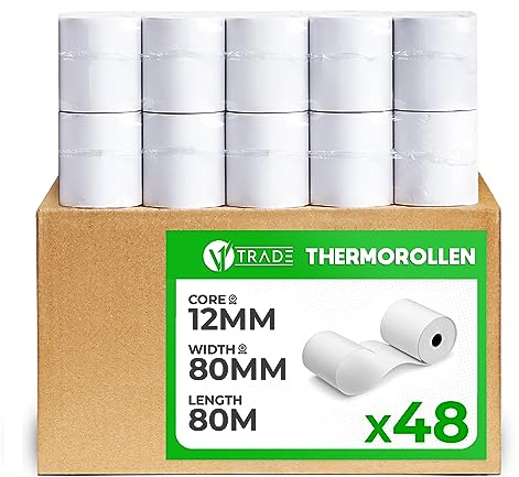 V1 Trade Thermorollen 80mm x 80m x 12mm (48 Stück) - Kassenrollen 80mm Thermo für Registrierkasse - EC Rollen aus Thermopapier 42 g / m2 - Bonrollen Thermo 80mm für Bondrucker - BPA Frei
