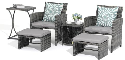 OC Orange-Casual 6 Piece Patio Furniture Conversation Set with Ottoman, Outdoor Grey Wicker Chair and Table Set, Balcony Furniture for Apartments, Light Grey