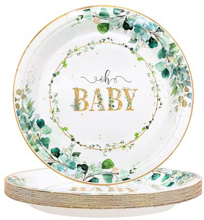 TOPWAYS Sauge Vert Baby Shower Assiette Jetable, 18cm Eucalyptus Baby Shower Assiette Carton Plateau Vaisselle Jetable pour Fête Garçon Fille Baby Shower Gender Reveal Party (Assiettes 7inch 24pcs)