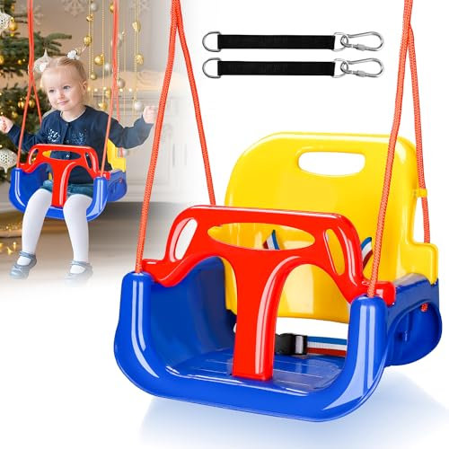Ikodm Columpio para Bebés 3 en 1 con Respaldo Desmontable， Cuerdas Altura Regulable, Columpio Infantil para Exterior e Interior, soporta hasta 50 kg