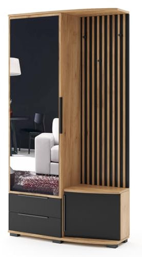BM-Möbel Garderobe Sorento Links - Mit Sitzgelegenheit, Kleiderständer und Spiegel - Loft-Stil - 100x35x190 cm - Korpus und Lamellen Craft Gold, Fronten Schwarz/Craft Gold