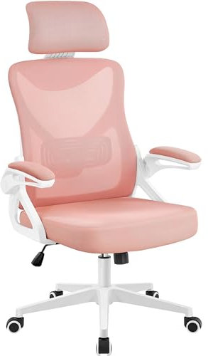 Yaheetech Bürostuhl Ergonomisch, Schreibtischstuhl mit Hochklappbaren Armlehnen, Drehstuhl mit Rückenlehne und Verstellbarer Kopfstütze, bis 136 kg Belastbar Weiß/Rosa