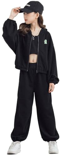 linboo Jogginganzug Mädchen Kleidung 3 Teilig Sportanzug (Sweatjacke+Sporthose+Crop Top) Hip Hop Outfit für Kinder Mädchen