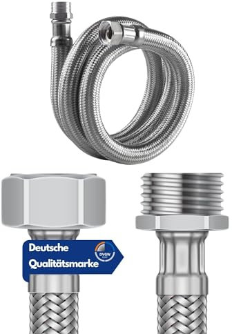 DVGW geprüfter Flexschlauch 3/8 und 1/2 inkl. Dichtungen | Anschlussschlauch Armatur | Armaturenschlauch Verlängerung | Panzerschlauch | (1/2 Zoll Überwurfmutter x 1/2 Zoll Außengewinde, 100 cm)