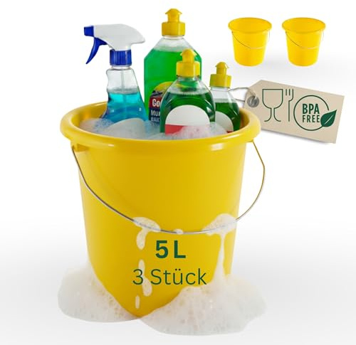Novaliv 3 Stück Eimer 5L Gelb mit Maßeinteilung - Putzeimer 5 Liter ? 22,5 cm Praktischer Allrounder mit Skala für Haushalt & Garten ideal als Haushaltseimer, Wassereimer, Wischeimer, Bucket