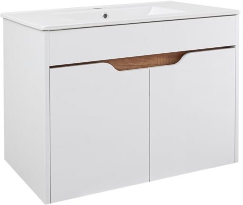 Lomadox Badezimmer Waschtisch Waschtischunterschrank 80cm inkl. Waschbecken in weiß mit Eiche