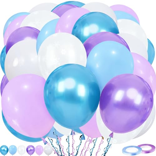 Luftballons Blau Lila, 60 Stück Blau Lila Ballons, 12 Zoll Macaron Metallisc Schneeflocken Latexballons mit Band für Mädchen Babyparty Hochzeit Geburtstag Brautparty Deko