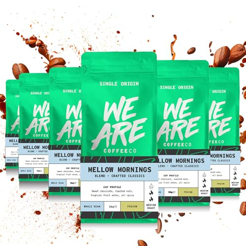 We Are Coffee Co Mellow Mornings Medium Roast Whole Bean Coffee, 6 x 1kg Bulk Case, Wholesale Coffee Beans for Office, Catering and Business, Smooth Crafted Blend, Roasted in Glasgow