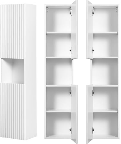 Lomadox Badezimmer Hochschrank weiß gerillte Front Seitenschrank Badschrank 2-türig Regal B/H/T ca. 30/140/25 cm