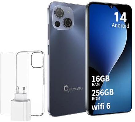 CWOWDEFU S18 Smartphone Android 14 senza contratto,Telefono 16+256 GB,FHD 6,58+Incell Display,Fotocamera Quad 48 MP+24 MP,Doppia SIM Dual 4G,Octa-Core/Sblocco con impronta digitale/NFC/OTG Blu