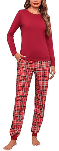 Aseniza Schlafanzug Damen Lang Baumwolle Pyjama Set Winter Langarm Nachtwäsche Zweiteiliger Frauen Schlafanzüge Loungewear mit Bündchen Rot,XL