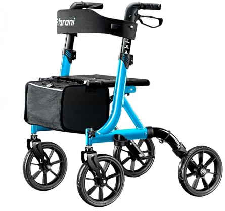 FARANI Déambulateur tout-terrain Farani pour personnes âgées : grandes roues de 25,4 cm, taille compacte, légère, pliable, avec siège, cadre triangulaire renforcé et porte-gobelet, capacité de poids
