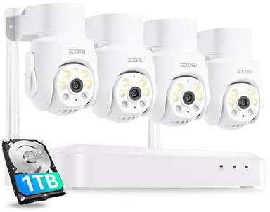 ZOSI 5MP Wireless CCTV Camera System with 4Pcs 5MP Wi-Fi 6 Security Cameras, 8CH 4K WiFi NVR with 1TB HDD, Pan/Tilt, Color Night Vision, Siren Alarm, Human Auto Tracking, 2-Way Audio