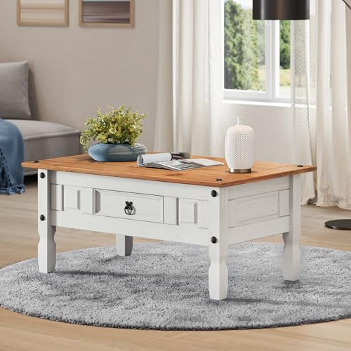Corona Coffee Table 1 Drawer White Wax Solid Wood Pine Wooden Painted Shabby Chic Mexican Style Living Room 45cm High 95cm Wide 50cm Deep