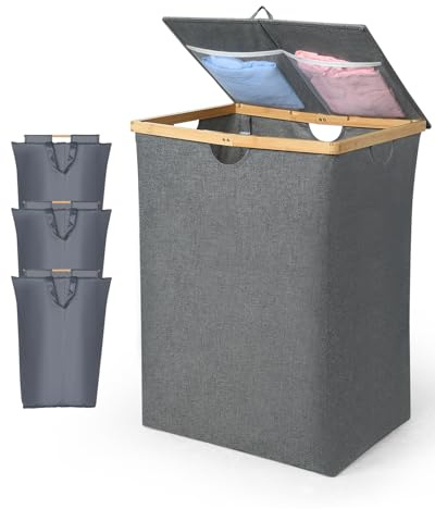 OTraki Wäschekorb 3 Fächer, 150L Wäschesammler mit Deckel Faltbar Wäschesortierer mit Entfernbaren Innentaschen Laundry Basket für Schlafzimmer Bad Wäscheraum
