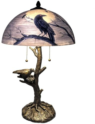 Bieye L30945 Tischlampe Raben auf Ast vor Vollmond | Handbemaltes Glas, Rabennest-Lampensockel, Halloween-Heimdekoration
