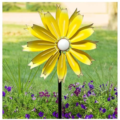 Ruiseawing Windräder, 149 cm hoch, 33 cm Durchmesser, Garten-Windrad, 360 °, mit Zwei Richtungen, Zwei Rotoren für Rasen, Hoflandschaft, Gelb
