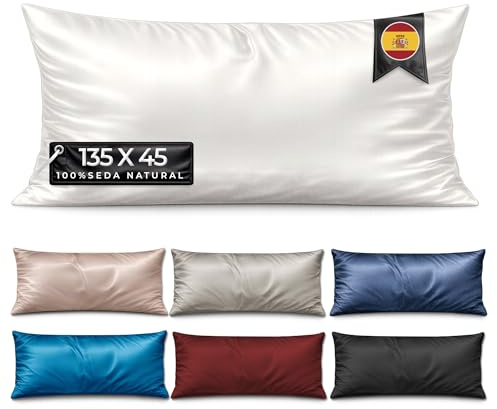 Funda Almohada Seda 135 cm - MELOPIDO - Seda Morera 22 Momme 6A Mulberry Natural hipoalergénica Transpirable antiácaros termorreguladora Cuidado Piel Cabello - 135x45 cm Marfil
