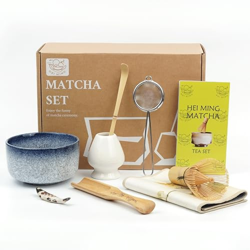 HEI MING Matcha Set ha 8 Pezzi, kit Matcha Cerimoniale, Grigio Blu Ciotola in Ceramica e Matcha Whisk Fatte a Mano