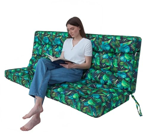 HOBBYGARDEN Sitzauflage für Hollywoodschaukel, Bankauflage für Gartenbank, Sitzkissen und Rückenkissen, Gartenschaukelkissen, gesteppt, wasserabweisend UV-beständig, 180 x 49 x 56 cm, Blaue Blätter