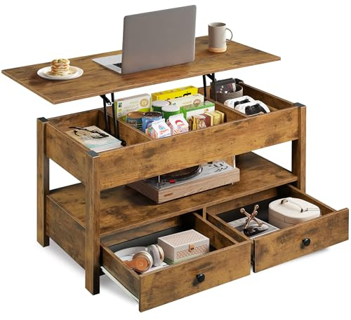 WLIVE Coffee Table 100cm, Lift Up Coffee Table with 2 Drawers, Large Hidden Hidden Compartment and Open Shelf, Lift Tabletop, Dining Table for Living Room (Brown, with 2 Drawers)