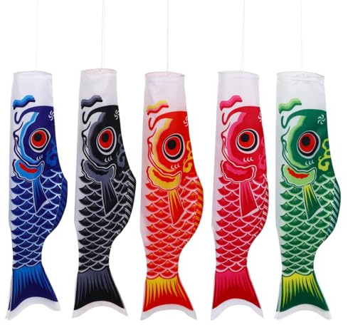 Toddmomy Lot de 5 drapeaux japonais à la carpe Drapeaux de poisson décoratifs pour l'extérieur Chaussette à vent japonaise colorée pour la maison, le bateau et le jardin