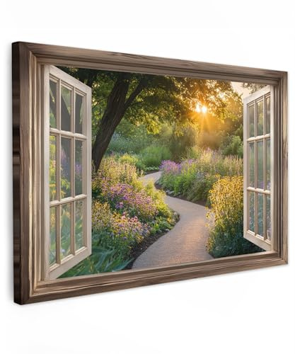 MuchoWow© Bilder Groß XXL Wohnzimmer Deko Modern Wandbild Kunstdruck | 120x80 cm - Leinwand Bild Schlafzimmer über Bett Room Decor Geschenke Fensterblick - Blumen - Natur - Sonne - Weg