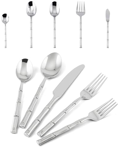 Flatasy Flatware Serving Set Silverware Set Stainless Steel Cutlery Set Bamboo Pattern Mirror Finished 65 Pieces Party Event Use Wedding Housewarming Gift Service for 12