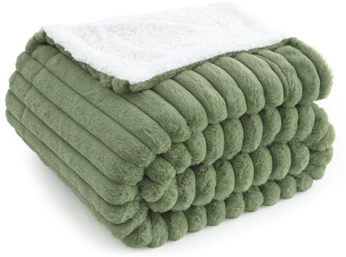 Topfinel Manta gruesa de lana de 150 x 200 cm, color verde salvia, de pelo sintético, tamaño XL, lujosa, supersuave, diseño de rayas, tacto de cachemira, manta de forro polar, suave y cálida