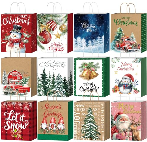 DECHISY 12 Stück Geschenktüten Weihnachten mit Griffen, Weihnachtstüten groß mit 12 Designs, Papiertüten Weihnachten perfekt für Weihnachts und Neujahrsdekorationen, 32 x 26 x 12 cm