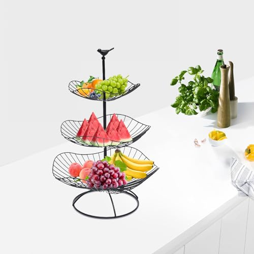 FROPIJ Frutero de metal de 3 pisos, refinado, bonito soporte para frutas, para cocina, baño, mesa de comedor (negro)