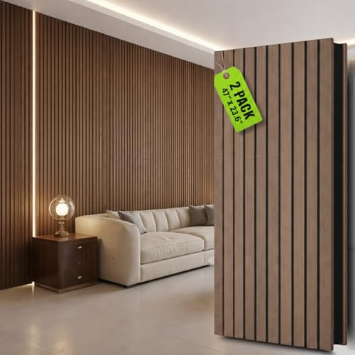 Acoustic Wood Panels for Wall & Ceiling 2 Pack - 47 x 23.6 Sound Absorbing 3D Fluted Wood Slat Wall Panels with Wood Finish - Noise Canceling Panels for Home, Office & Studio - Walnut