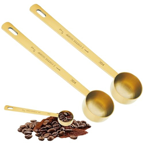 UIHRLM 2PCS 5ML Measuring Spoon, Stainless Steel Coffee Scoop with Long Handle, Precision Measuring Spoon for Coffee, Loose Tea, Collagen Supplements, Protein Powder, Matcha, Espresso, Sugar (Gold)