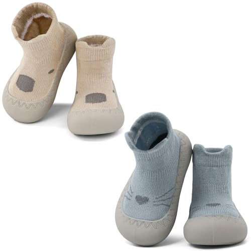 LACOFIA 2 par skor första steget skor baby pojkar flickor tofflor halkfria strumpor bebis med gummisula 6–24 månader, khaki, 12-18 meses