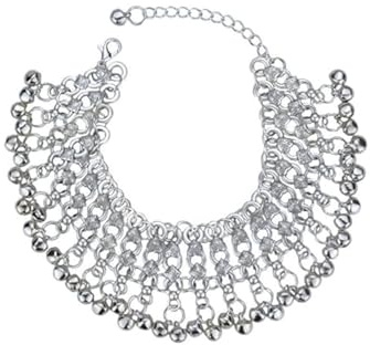 IMINI Bracelet De Cheville Indien Vintage En Argent Avec Grelots - Chaîne De Cheville Large Style Bohème Et Gitan Avec Pompons - Bijou De Danse Bollywood Et Plage Été Réglable Pour Femme