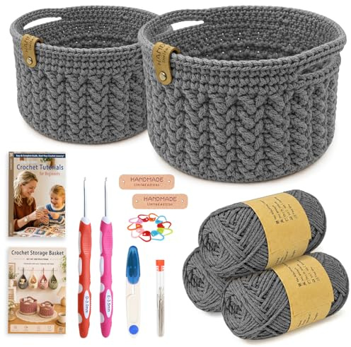 Yarnger Crochet Basket Kit, Round Basket Crochet Kit with Thick Cotton Yarn, Crochet Hooks, Step-by-Step Instruction, Practical Crochet Kit for Beginners, Perfect Craft Kit for Home Storage, Dark Gray