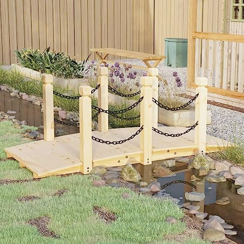 LoogCape Pont de jardin avec rampe à chaîne, 150 x 67 x 56 cm, en épicéa massif, résistant aux intempéries, marcheable, décoratif pour étangs, ruisseaux, cour, terrasse, espace paysager, extérieur