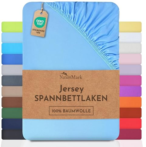 NatureMark Jersey Spannbettlaken, Spannbetttuch 100% Baumwolle in vielen Größen und Farben MARKENQUALITÄT ÖKOTEX Standard 100 | 120x200 cm - hell blau