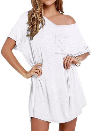 Ekouaer Womens Tshirt Nightgown Cotton V Neck Sleepshirts Comfy Casual Nightshirt for Women, White, X-Large