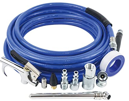Melprisu Air Compressor Accessories Kit, 9 Pieces, 1/4 Inch × 25FT PVC Hose, Deep Blue, Includes Blow Gun, Fittings, Chuck, Tire Gauge, 300 PSI
