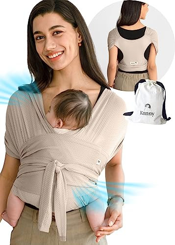 Konny Baby Carrier Flex AirMesh Premiummaterial – justerbar, lätt att bära och linda in babyslinga, perfekt för nyfödda bebisar nödvändigheter upp till 20 kg, (M-4XL) – beige