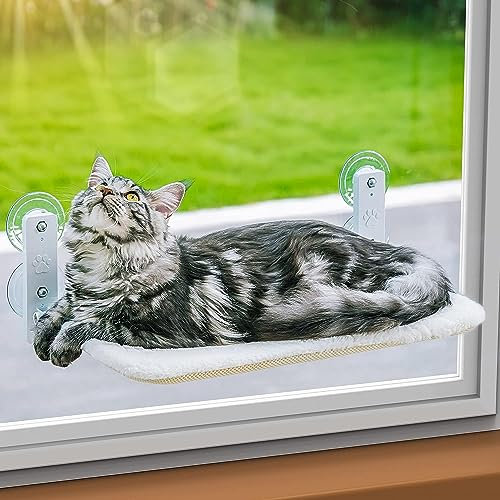MEWOOFUN Katzen Hängematte Fensterplätze für Katzen 54x30cm Klappbar Katzenbett Fenster mit Stabil Saugnäpfe bis zu 18kg (Weiß, Mittel)